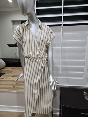 Zara Cream Dress with Tan Stripe Wrap Detail